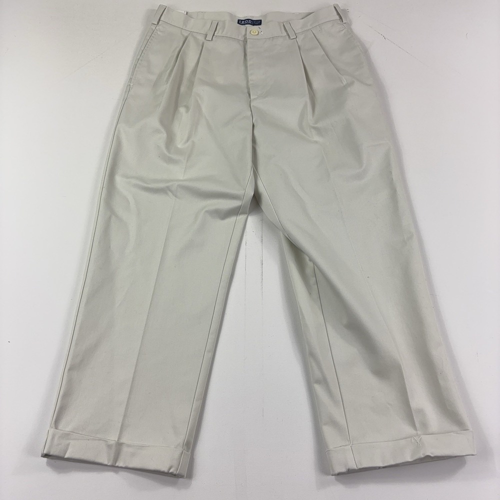 IZOD American Chino Pants Mens 36x29 Beige Double Pleat Classic Fit Khaki Dress